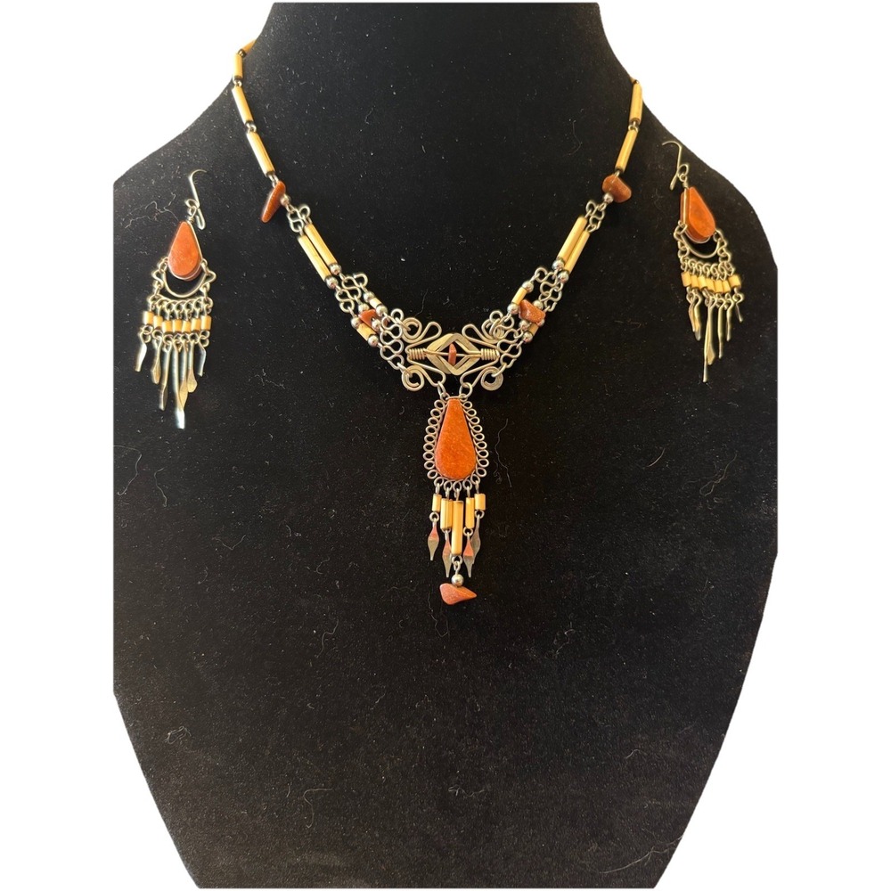 Native Americian Necklace and Earring Set Sterling Silver
